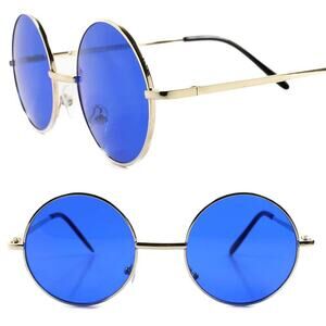 Kiss Blue Lens Round Sunglasses Gold Wire Frame 70s Lennon Retro